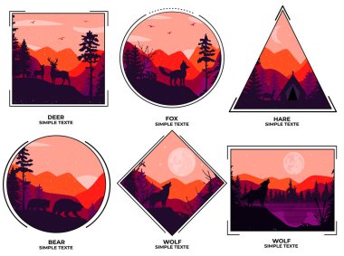  Dağlar ve ormanlarla çevrili farklı çerçeveler. Dağların arka planında hayvan silueti. Vektör. eps.