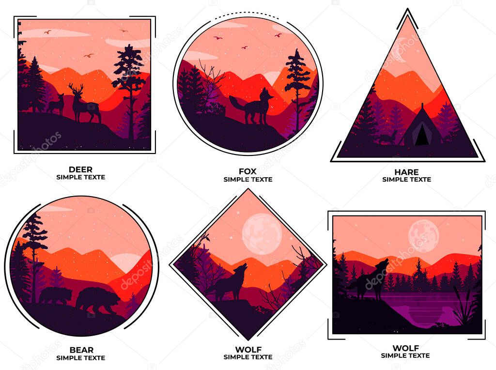 Landscape in different frames with mountains and forest. silhouette of animals on a background of mountains. vector. eps.