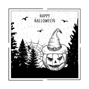 Mutlu Cadılar Bayramı. Bir cadının şapkasındaki balkabağı. kare kare kare. Serbest çizim. Vektör. eps