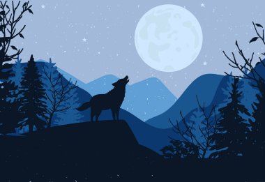 Kurt aya karşı uluyor. Gece manzarası. Orman. Dağlar. Vektör grafikleri. EPS biçimi
