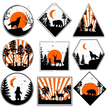 Çerçevedeki orman. Orman. Hayvan silueti. Vektör grafikleri. EPS biçimi