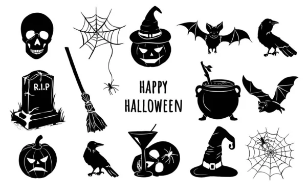 Ensemble Halloween Citrouille Crâne Balai Pierre Tombale Araignée Toile Araignée — Image vectorielle