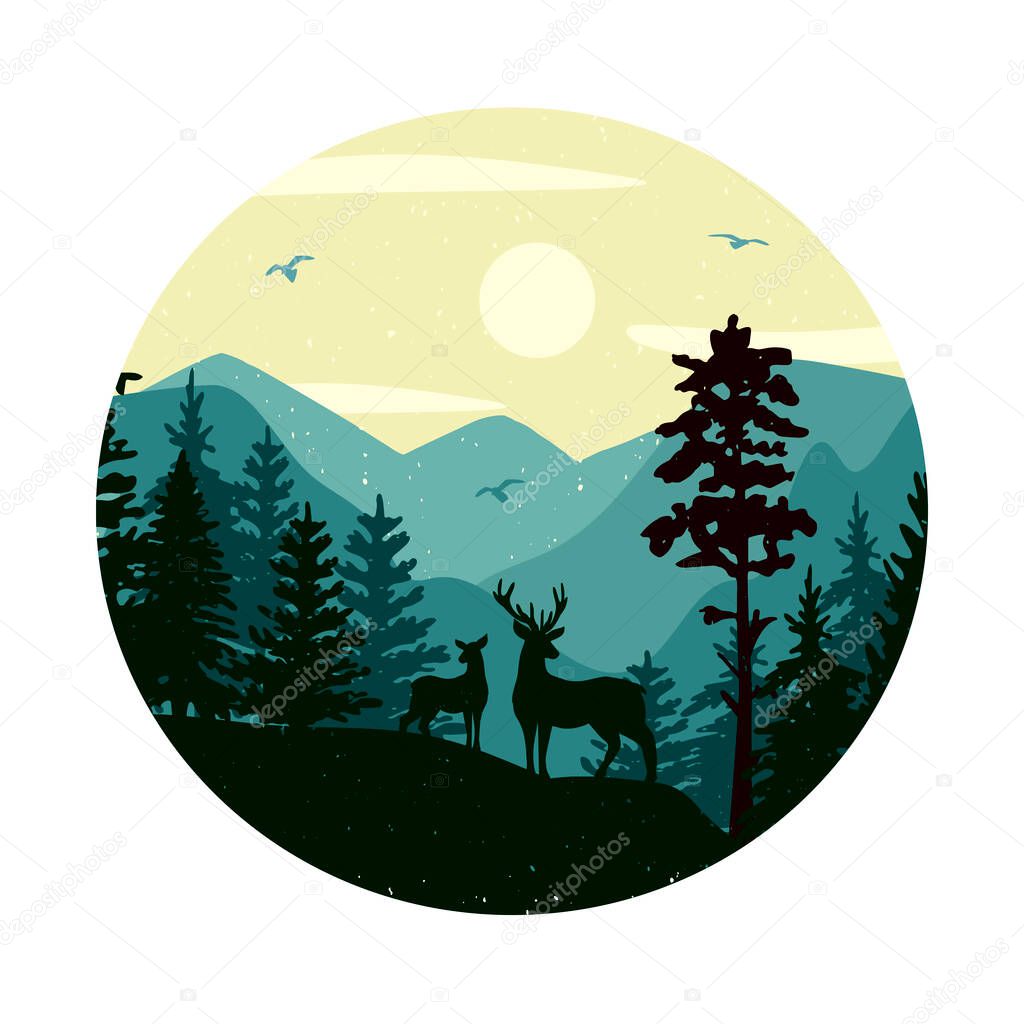 Forest landscape with mountains and deer in a circle. silhouette. Vector graphics. eps