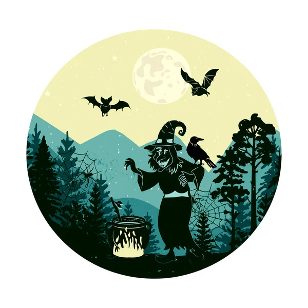 Paisaje Halloween Con Bruja Caldero Estilo Plano Vector Eps — Vector de stock