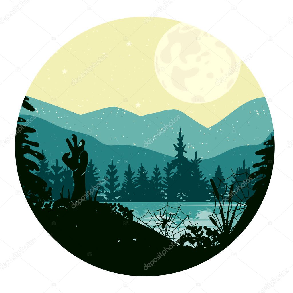 halloween landscape. Zombie hands black silhouette in a round frame. vector.ps
