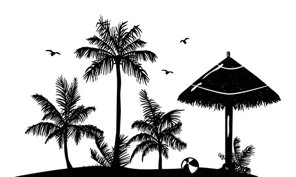 Summer Landscape Thatched Umbrella Palms Vector Silhouette Sketch Eps Format — Wektor stockowy