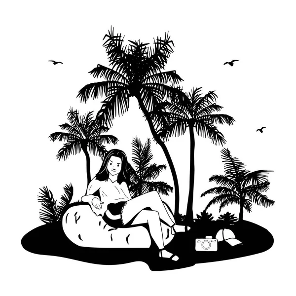 Mädchen Kurzen Hosen Sitzt Auf Einem Strandkorb Sommerlandschaft Skizze Freihandzeichnen — Stockvektor