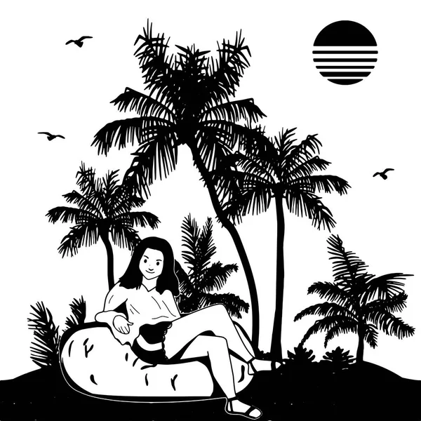 Mädchen Kurzen Hosen Sitzt Auf Einem Strandkorb Sommerlandschaft Skizze Freihandzeichnen — Stockvektor