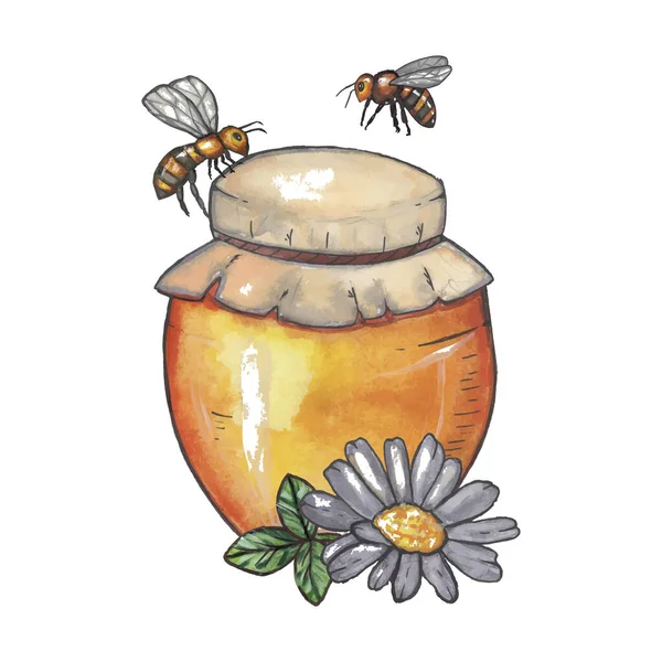 Jar Honey Two Bees Watercolor Illustration Vector Eps — 스톡 벡터