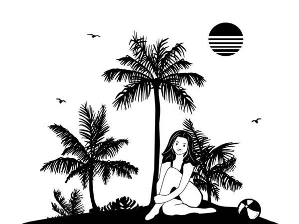 少女は海沿いの水着に座って足を抱きかかえている 夏の風景 ベクトルイラスト スケッチ Eps形式 — ストックベクタ