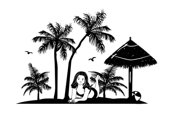 少女は藁傘の下で浜辺に横たわっています ヤシやカモメと夏の風景 ベクトルグラフィック Eps形式 スケッチ — ストックベクタ