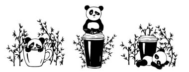 Üç pandanın yanında bir kupa kahve ve bambu. Vektör grafikleri. Eskiz. eps