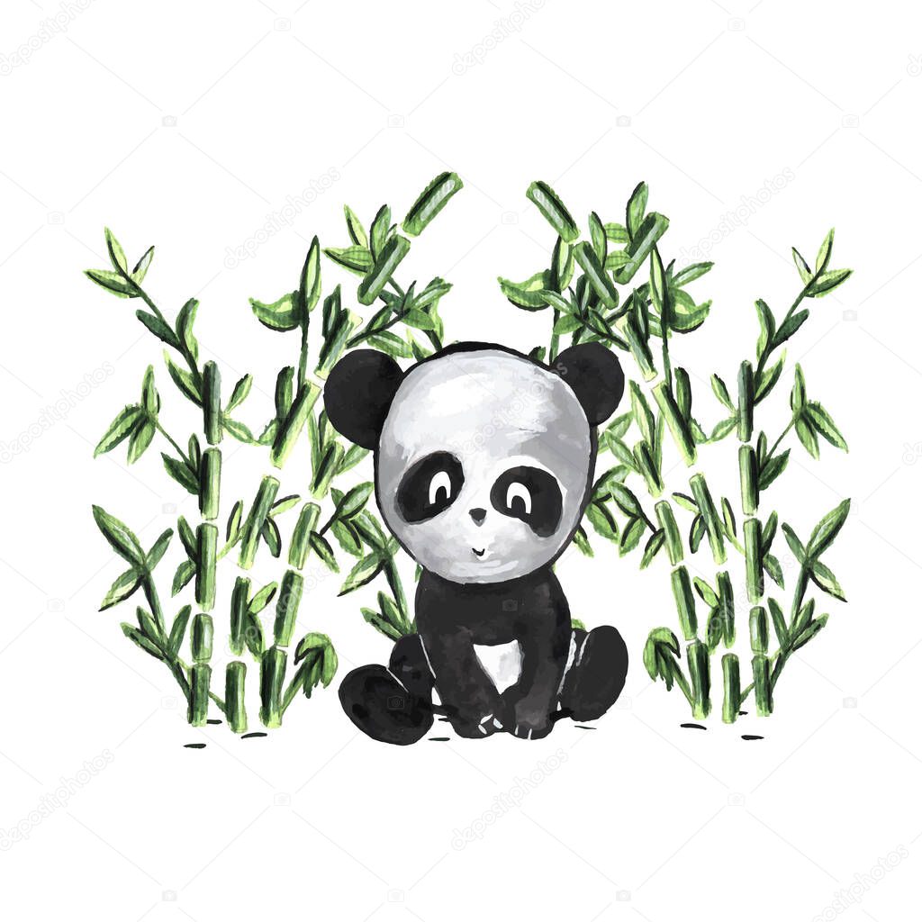 cute panda sits in a bamboo grove. watercolor vector. eps