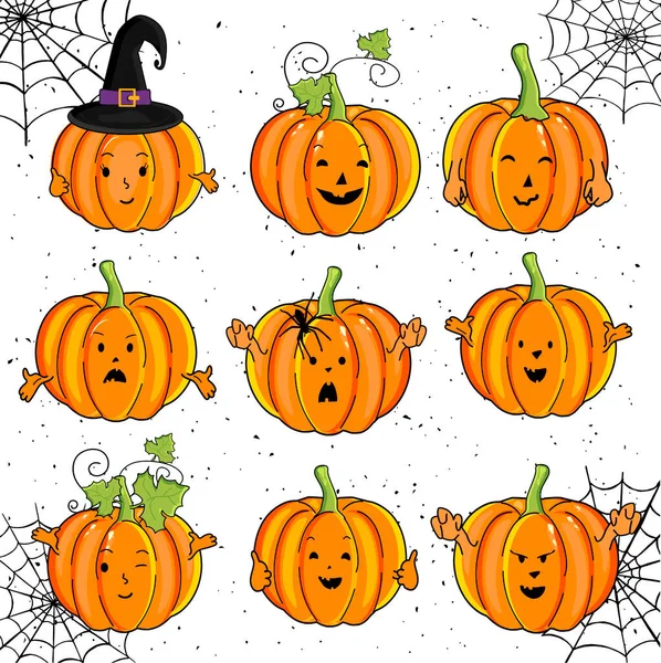 Mignonnes Citrouilles Avec Différentes Expressions Pour Halloween Vecteur Espèces — Image vectorielle