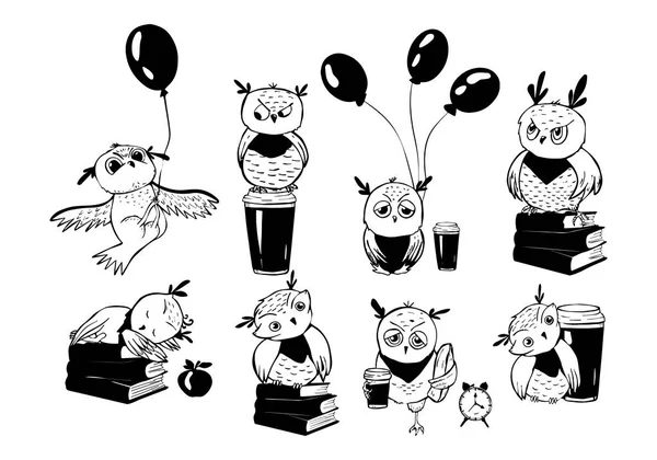Baykuş Seti Kitap Kahve Balonlar Vektör Yazısıyla Çizim Eps — Stok Vektör