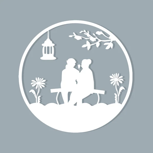 Δυο Ερωτευμένοι Γέροι Κάθονται Ένα Παγκάκι Στον Κήπο Σιλουέτα Κοπή — Διανυσματικό Αρχείο