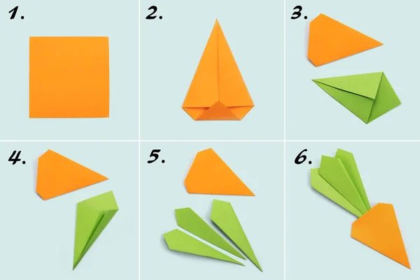 How to make Origami paper bookmark form of carrot for Easter greetings. Children\'s art project. DIY concept. Step by step photo instruction