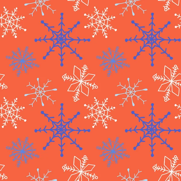 Kış karalamaları elle çizilmiş kar taneleri pürüzsüz desen. Kartpostal için sevimli, basit vektör kar taneleri ve tekstil, ambalaj kağıdı için poster tasarımı, el yapımı Noel tarzı kış arkaplanları. — Stok Vektör