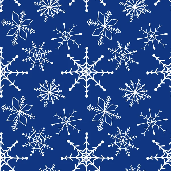 Kış karalamaları elle çizilmiş kar taneleri pürüzsüz desen. Kartpostal için sevimli, basit vektör kar taneleri ve tekstil, ambalaj kağıdı için poster tasarımı, el yapımı Noel tarzı kış arkaplanları. — Stok Vektör
