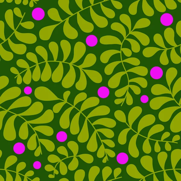 Vektorový vzorec. Abstraktní kresba s rostlinnými prvky na zeleném pozadí. Živé barvy na obrázcích. Natažená ruka. Slouží k tisku na tkaniny, tapety a další. — Stockový vektor