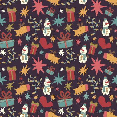 Kırmızı arka planda hediye kutuları ve kar taneleri olan kusursuz bir Noel modeli. Yeni yıl vektör tasarımı. Noel hediye kutuları için paket kağıdı