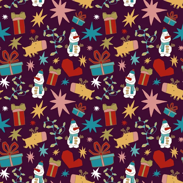 Patrón sin costuras vector de Navidad con cajas de regalo y copos de nieve sobre fondo rojo. Año nuevo diseño de vectores. Papel de embalaje para cajas de regalo de Navidad — Archivo Imágenes Vectoriales