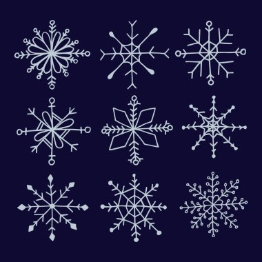 Karalama stili el setinde kar tanelerinin Vectorial illüstrasyonunu ayarlayın. Yılbaşı kış tasarımı için kar tanesi koleksiyonu. Eps 10.