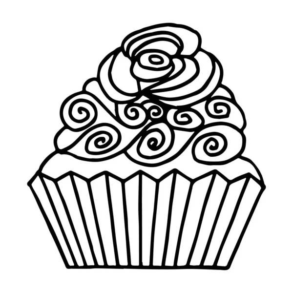 Çizgi film kek el çizimi vektörü karalama tasarımında izole edildi. Maffin, kek, çöl beyaz arka planda siyah renk. Kremalı ve çiçekli kek..
