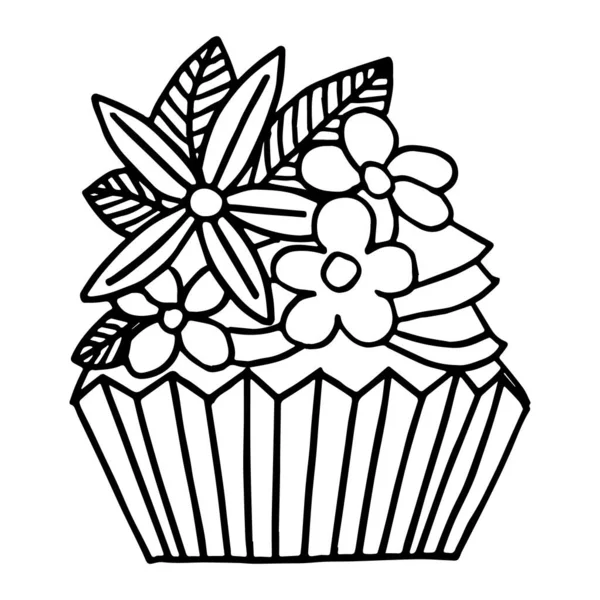 Çizgi film kek el çizimi vektörü karalama tasarımında izole edildi. Maffin, kek, çöl beyaz arka planda siyah renk. Kremalı ve çiçekli kek..