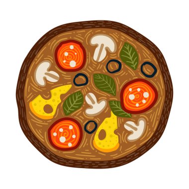 Peynirli, zeytinli, sosisli, fesleğenli, şampiyonlu taze pizzanın vektör çizimi. Geleneksel İtalyan fast food. Avrupa aperatifi. İzole edilmiş beyaz arka plan. EPS10.