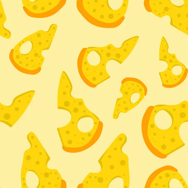 Patrón sin costura vectorial. Ilustración de queso en color amarillo. Fondo muy queso. Pedazos de queso dibujados a mano en estilo de dibujos animados. — Vector de stock