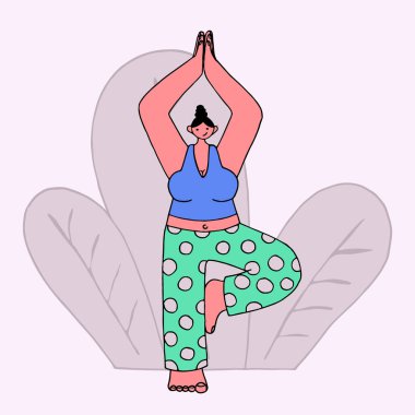 Karalama tarzında vektör illüstrasyonu. Elle çizilmiş. Kadın rahatlatıcı ve yoga pozu için meditasyon yapıyor. Evde kal, sakin ol, meditasyon konsepti, vücut için sağlık faydaları. Eps 10.