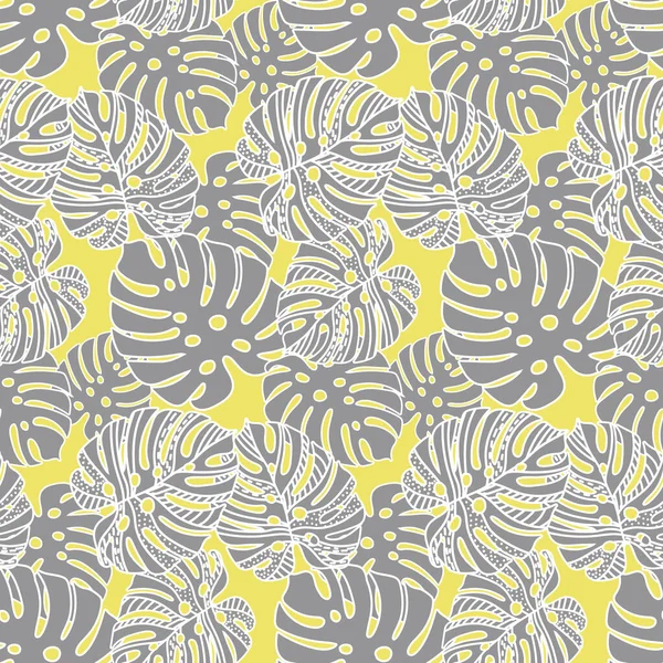 Tropikal bitkilerin vektörsüz deseni. Gri renkler sarı arkaplanda canavarlar bırakır. Tekstil eskizi, arka plan, ambalaj kağıdı, tasarım, ambalaj. Eps 10.