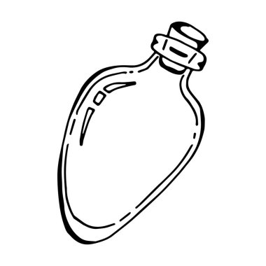 Cam şişeler. Karalama tarzında vektör illüstrasyonu. Mutfak nesneleri beyaza izole edilmiş siyah beyaz çizimler. Çeşitli tasarımlar için elementler.