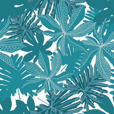 Tropikal bitkilerin vektörsüz deseni. Moda renkleri arka planı terk eder. Tekstil eskizi, arka plan, ambalaj kağıdı, tasarım, ambalaj. Eps 10.