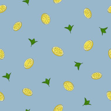 Limon dilimleri ve mavi arka planda nane yapraklarıyla kusursuz desen. Vektör illüstrasyonu