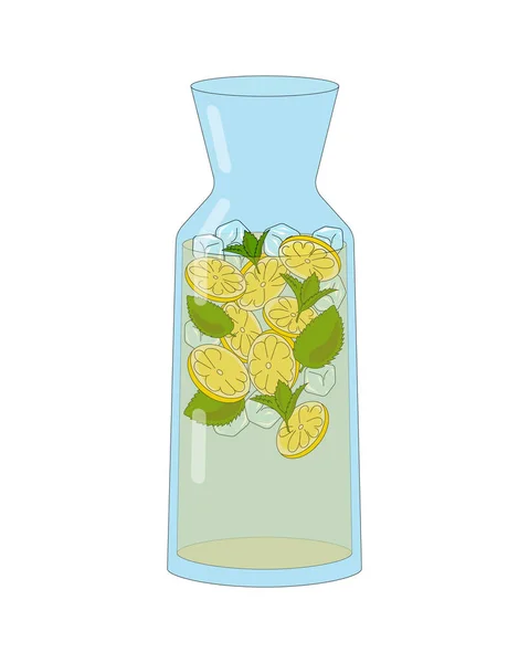 Cam sürahide limonata. Nane, limon dilimleri ve buz küpleriyle taze limonata. Vektör illüstrasyonu beyaz arkaplanda izole edildi.
