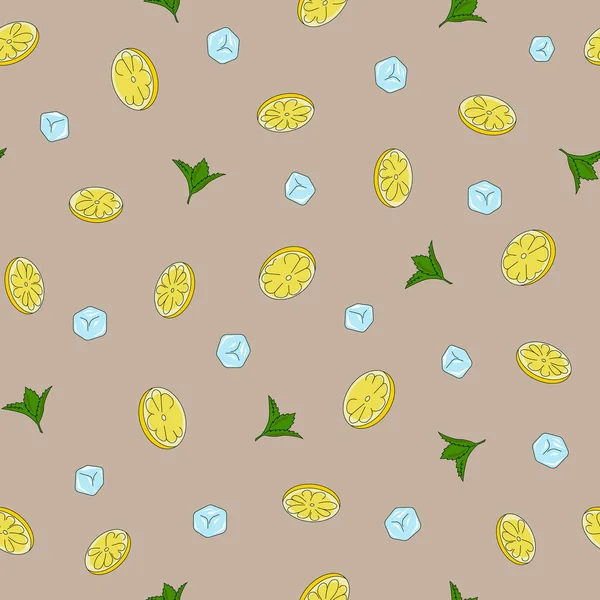 Limon dilimleri, buz küpleri ve bej arkaplanda nane yapraklarıyla kusursuz desen. Limonata için malzemeler. Yaz vektörü illüstrasyonu