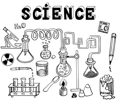 El çizimi Fen Çizimi Eğitim Okulu vektör çizimi. Doodle Bilim Okulu geçmişi. Şişelerden, kimyasal reaksiyonlardan ve grafiklerden oluşan bilim okunun baloncukları. Ayrıntılı duvar kağıtları. 