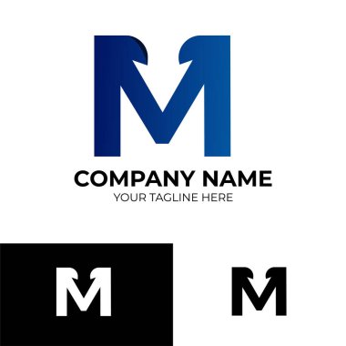 M Arrow logo şablonu tasarımında gradyan mavi renk var. vektör illüstrasyonu