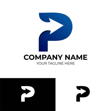 P Arrow logo şablonu dizaynı. Gradyan mavi renk. vektör illüstrasyonu
