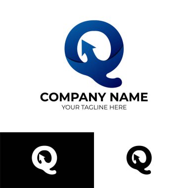 Q Arrow harfinin logo şablonu mavi renkte tasarlandı. vektör illüstrasyonu