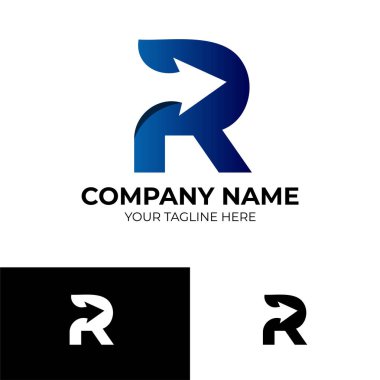 R Arrow harfinin logo şablonu mavi renkte tasarlandı. vektör illüstrasyonu