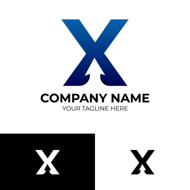 Gradyan mavi renkli X Arrow logo şablonu tasarımı. vektör illüstrasyonu