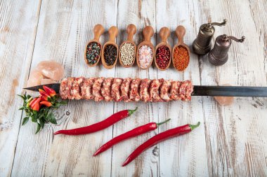 Pişmemiş (çiğ) et ve kebap kebabı ya da kebap kebabı kebap restoranında metal şiş üzerinde. Şiş kebap yapıyorum. Geleneksel Adana Kebabı