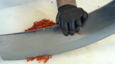 Cooking meat saute. Pieces of pepper close-up video