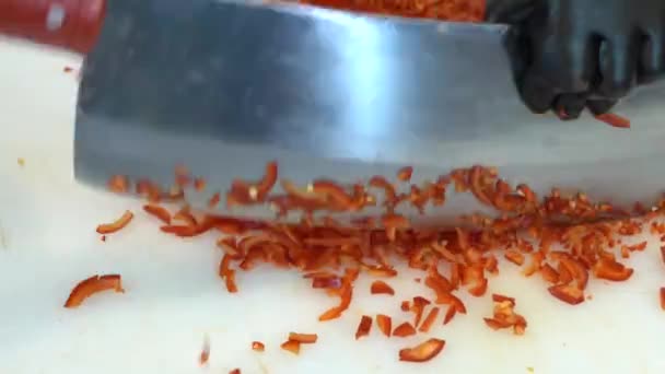 Cooking Meat Saute Pieces Pepper Close Video — Video Stock