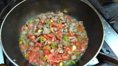 Cooking meat saute. Pieces of meat diced fried in a pan close-up video. Stewing beef and vegetables.