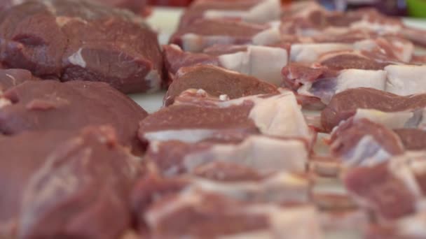 Raw Lamb Skewers Raw Meat Shish Kebab Skewers Video — Stockvideo