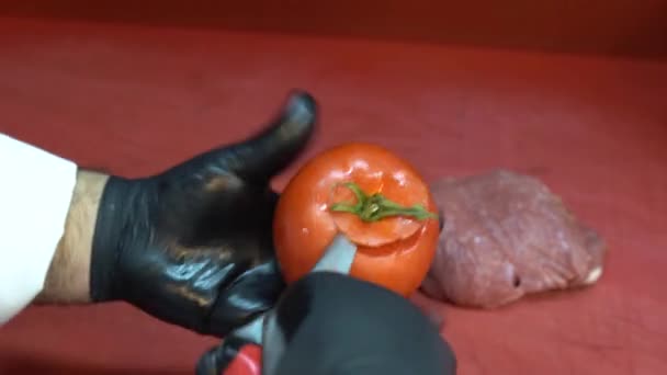 Closeup Male Chef Knife Chopping Cutting Red Tomato Sliced Knife — Stock Video